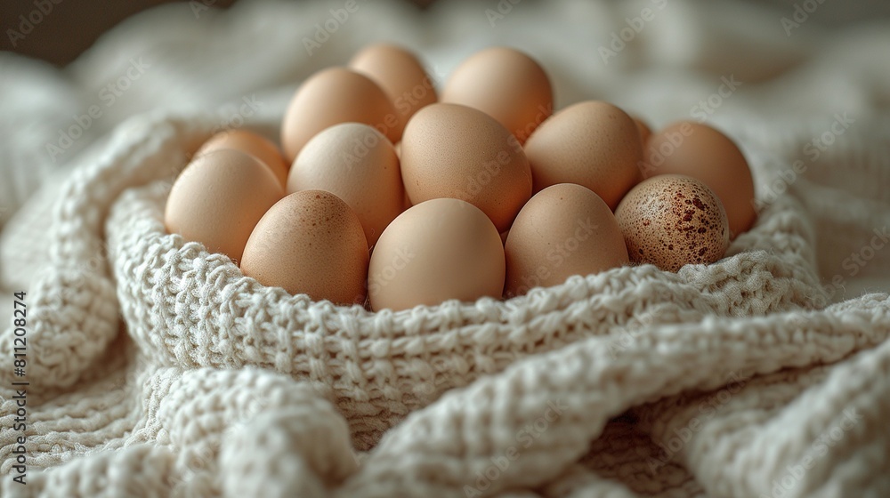 an egg-filled basket on a blanket with a spotted egg at its center an egg-filled basket on a blanket with a spotted egg at its center