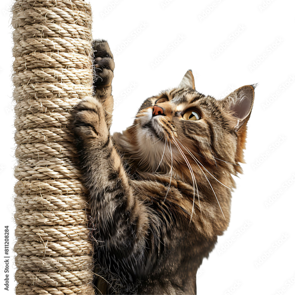 Obraz premium Cat Scratching a Post Energetic and Focused Die Cut PNG Style Isolated on White and Transparent Background