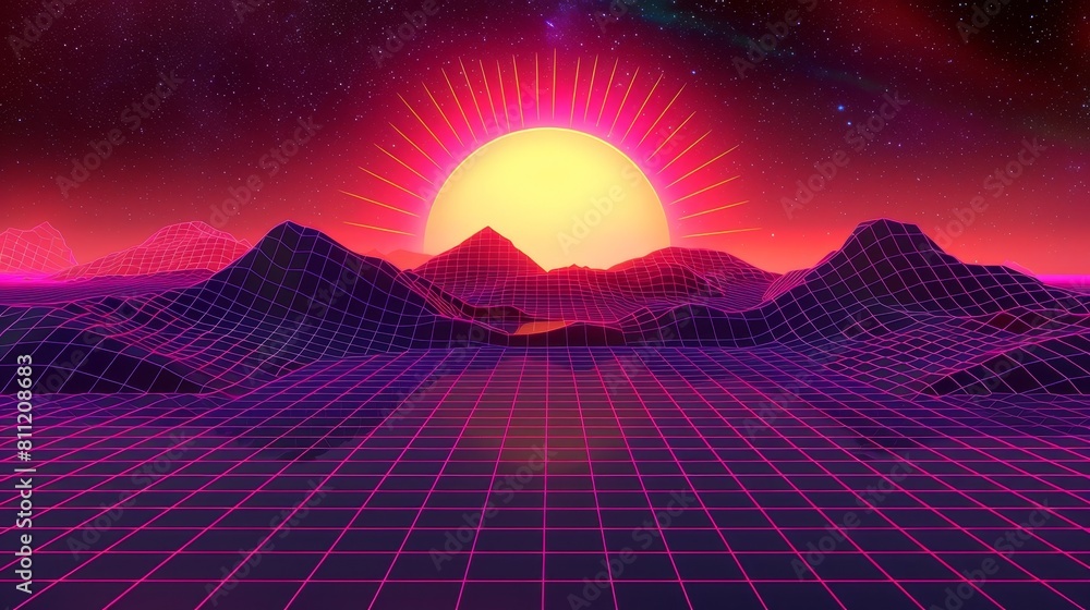 A vibrant 80s style grid background features majestic mountains under a shimmering holographic sun. Radiating purple lines pulse with electricity, adding a touch of style to this digital art