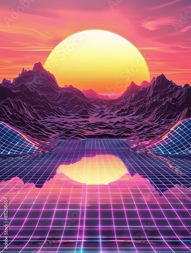 This 80s style grid background showcases a radiant azure sun with shimmering stripes, set against violet grid mountains in a style digital art. The abstract design embodies the spirit of synthwave