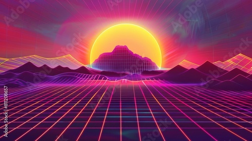 This 80s style grid background features a glowing holographic sun with an iridescent gradient, casting a warm purple light on the grid mountains. The digital art combines neon colors and pixelated