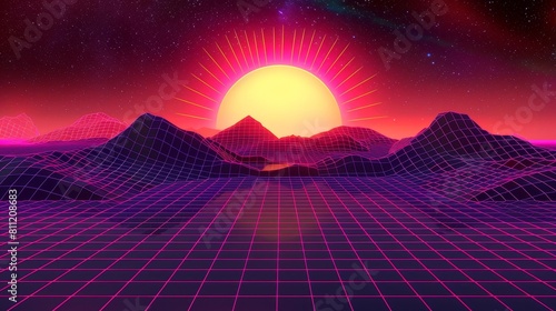A vibrant 80s style grid background features majestic mountains under a shimmering holographic sun. Radiating purple lines pulse with electricity  adding a touch of style to this digital art