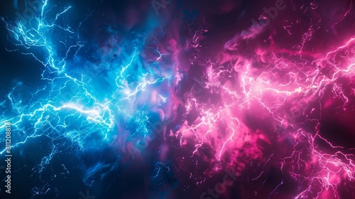 Abstract electric lightning in vivid blue and pink hues, symbolizing conflict and confrontation. Versus screen in gaming... hyper realistic 