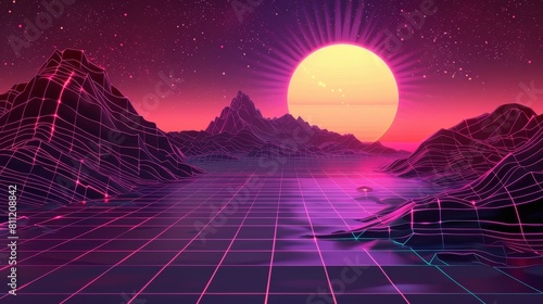 80s Style Grid Background Features Holographic Gradient Sun and Glowing Purple Lines photo