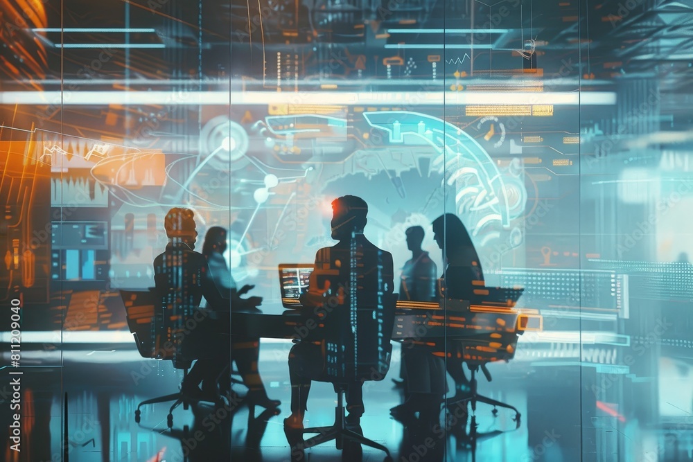 A diverse group of people sitting around a table in a room engaged in a meeting or discussion, A futuristic portrayal of a group of diverse employees discussing strategies in a high-tech office space A diverse group of people sitting around a table in a room engaged in a meeting or discussion, A futuristic portrayal of a group of diverse employees discussing strategies in a high-tech office space