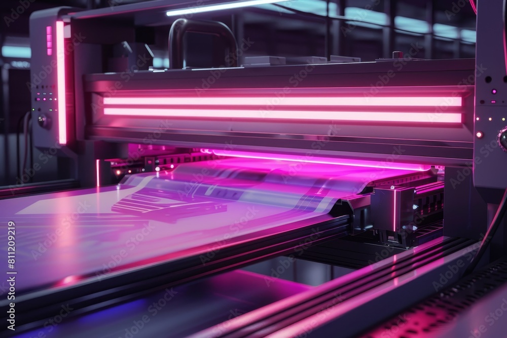 A large modern machine radiating a vibrant pink light in a futuristic setting, A futuristic printing machine with neon lights and sleek design A large modern machine radiating a vibrant pink light in a futuristic setting, A futuristic printing machine with neon lights and sleek design