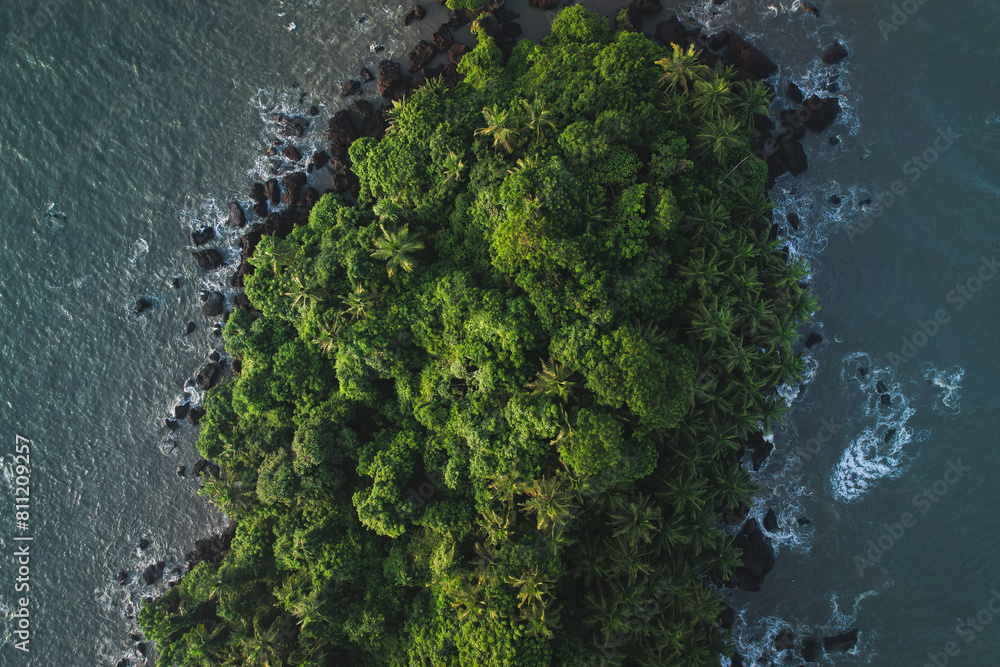Beautiful island view, Aerial drone shot of green island with beach waves