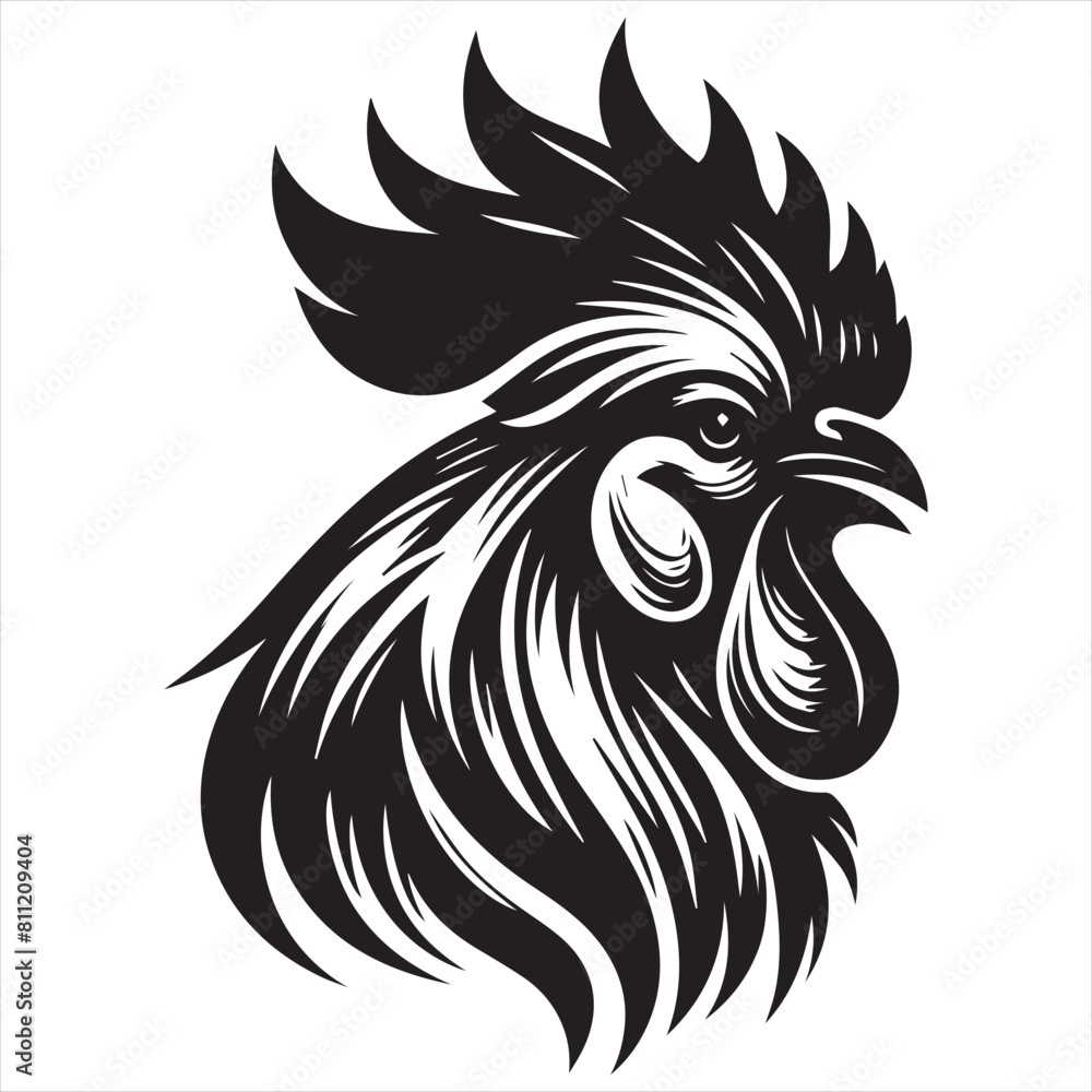 a black and white rooster head on a white background