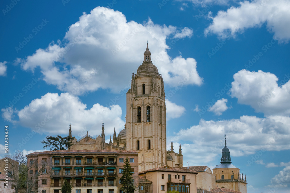 Segovia, España. April 28, 2022: Segovia Cathedral with blue sky. Segovia, España. April 28, 2022: Segovia Cathedral with blue sky.
