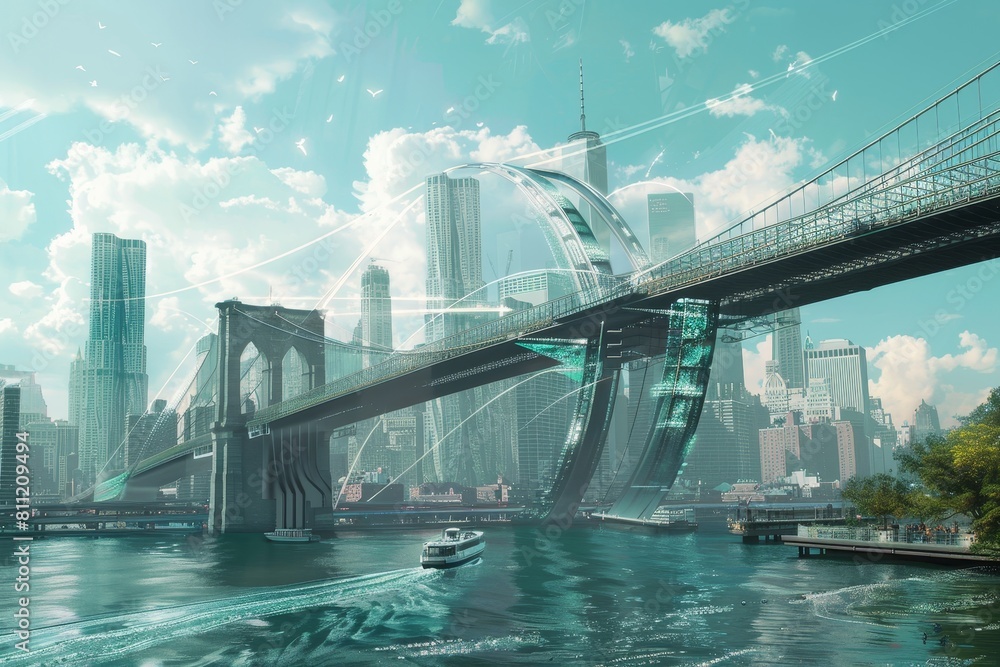 Obraz premium A modern bridge spans a wide expanse of water in an urban setting, A futuristic rendition of the Brooklyn Bridge stretching across the East River
