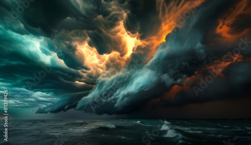 Sea  sky and storm at night with waves of natural disaster for climate change  danger or fantasy. Background  clouds and earth with ocean current or tide in evening for flood  thunder or wallpaper