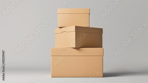 Three boxes stacked on top of each other  one of which is labeled  fragile.  The boxes are brown and appear to be cardboard. Concept of caution and care