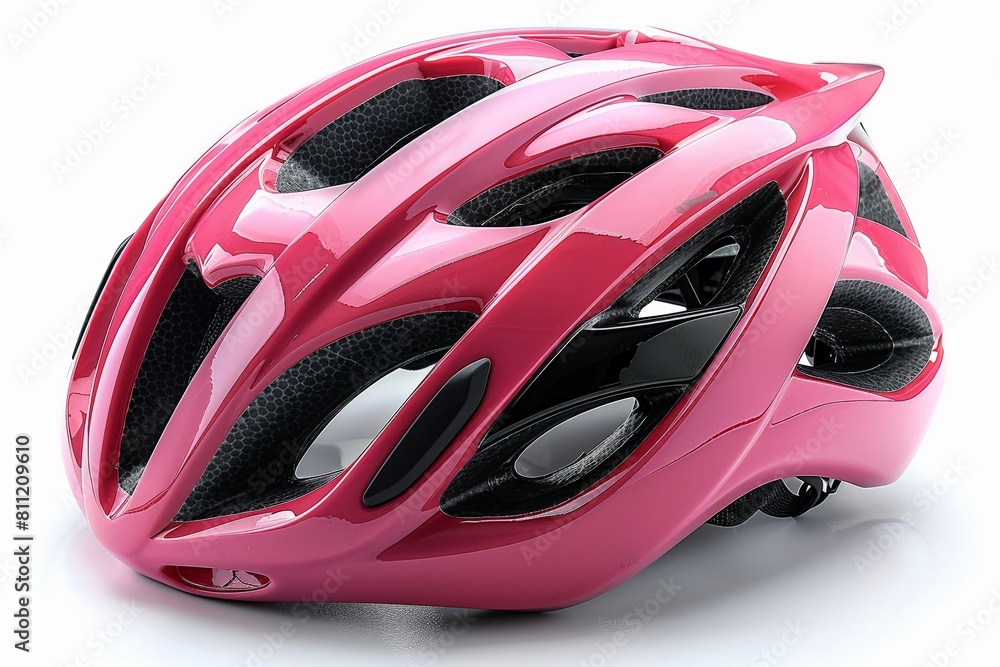 A pink bicycle helmet, isolated on white, provides essential protection for cyclists