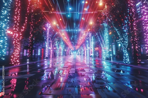 A large room filled with neon Christmas lights creating a vibrant and colorful display, A futuristic scene where neon Christmas lights create a dazzling display of patterns and colors © Iftikhar alam