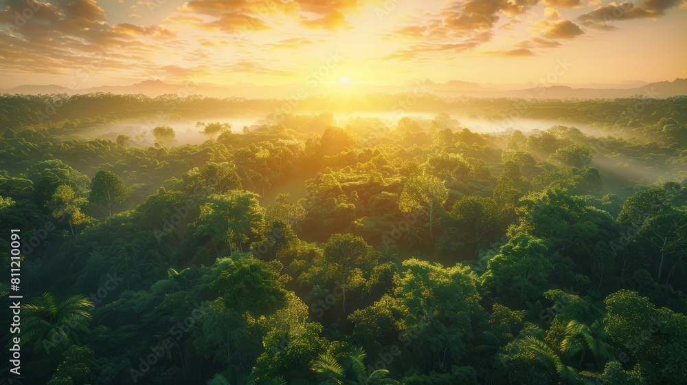 AI Generated. AI Generative. Beautiful green amazon forest landscape at sunset sunrise. Adventure explore air dron view vibe. Graphic Art hyper realistic 