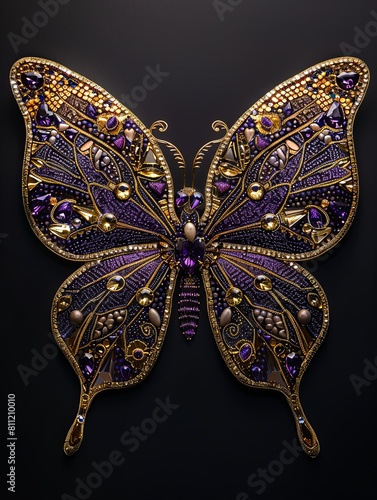 A gold and purple butterfly with jewels on its wings