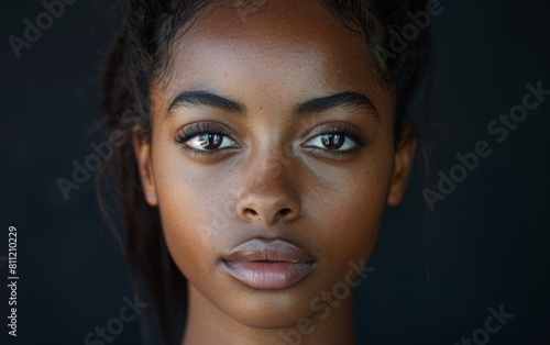 A woman with dark hair and brown skin is looking at the camera. She has a nice smile and her eyes are open