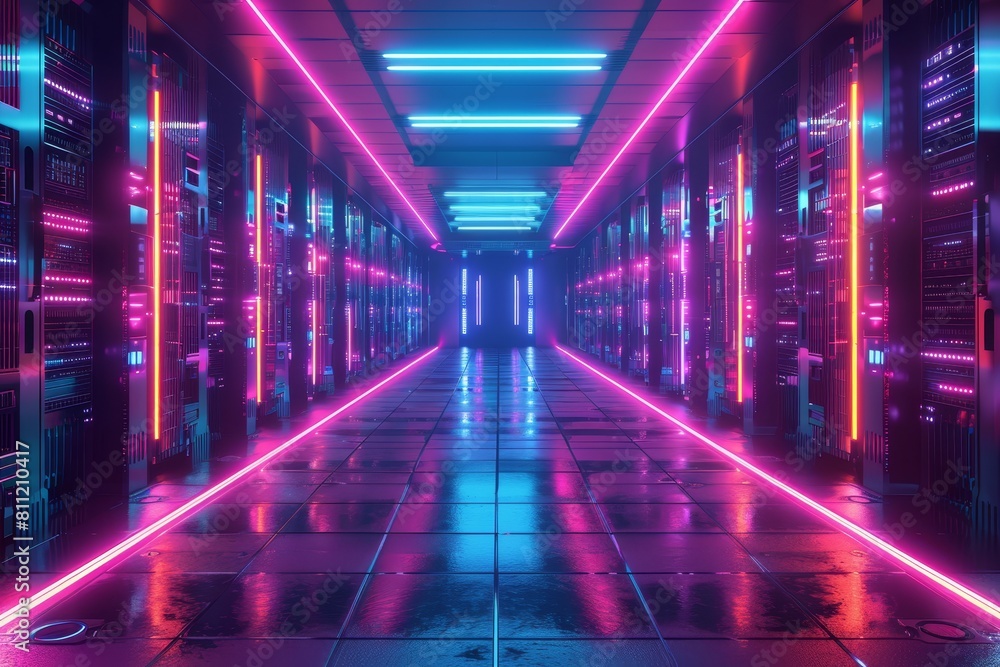 A long hallway featuring neon lights and a tiled floor creating a futuristic ambiance, a futuristic supercomputer glowing with neon lights A long hallway featuring neon lights and a tiled floor creating a futuristic ambiance, a futuristic supercomputer glowing with neon lights