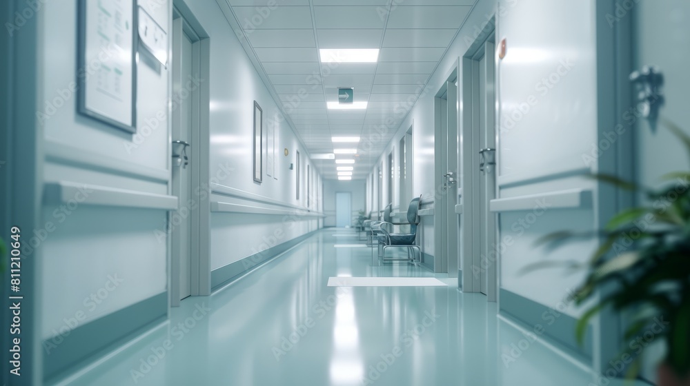 An empty hospital hallway conveys a clean and quiet healthcare environment, representing modern medical facilities in AI generative imagery. hyper realistic An empty hospital hallway conveys a clean and quiet healthcare environment, representing modern medical facilities in AI generative imagery. hyper realistic