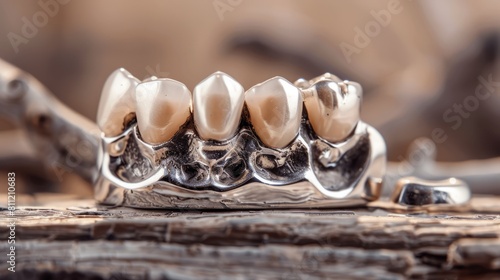 An image of a stainless steel crown used in dental health for kids with severe tooth decay or fractures. Dental restoration concept. Steel crown silver caps for kid problem teeth. hyper realistic 