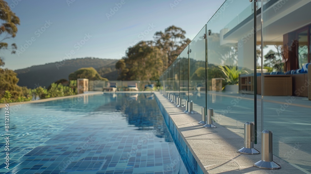 Modern glass balustrades by the swimming pool with stainless steel spikes. Generative AI.