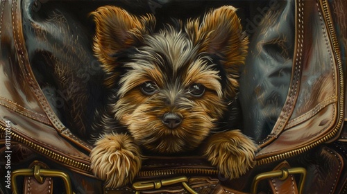 painting of yorkshire terrier puppy in bag