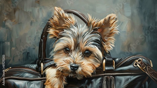 painting of yorkshire terrier puppy in bag