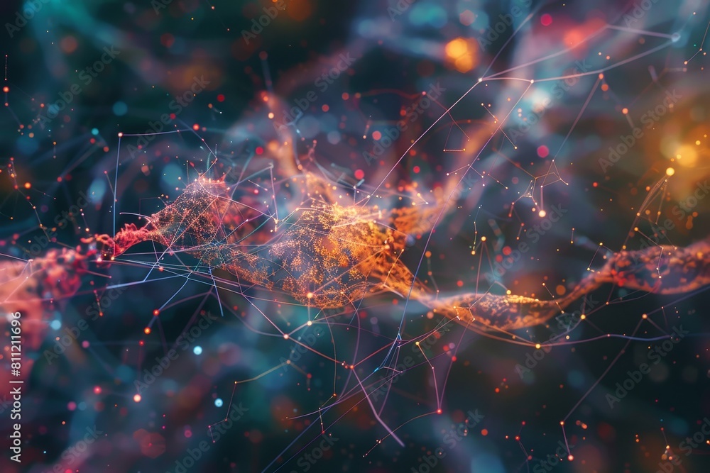 Computer-generated cluster of stars illustrating network dynamics in space, A futuristic visualization of network dynamics Computer-generated cluster of stars illustrating network dynamics in space, A futuristic visualization of network dynamics