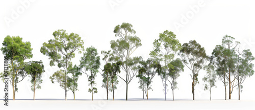 Different species of brisbane eucalypt trees  sheet turnaround  isolated on white background