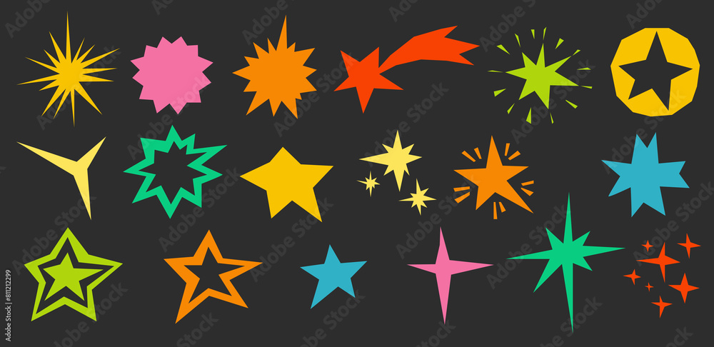 Set of cut out colored stars isolated. Cut out of colored paper for collage. Irregular shaped stars for design. Abstract star shapes. Vector illustration. Set of cut out colored stars isolated. Cut out of colored paper for collage. Irregular shaped stars for design. Abstract star shapes. Vector illustration.