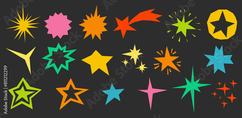Set of cut out colored stars isolated. Cut out of colored paper for collage. Irregular shaped stars for design. Abstract star shapes. Vector illustration.