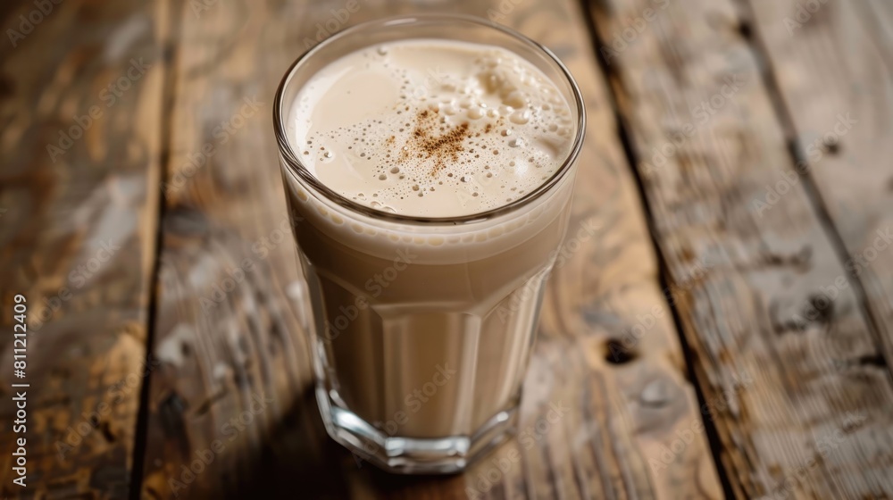Milk coffee beverage in a glass on a wooden surface Milk coffee beverage in a glass on a wooden surface