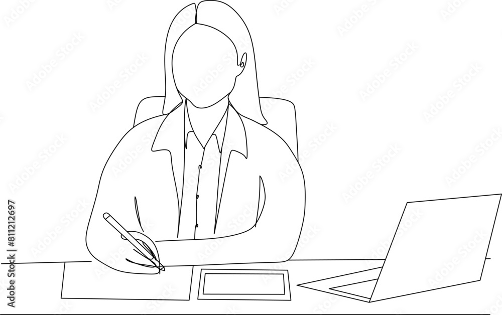 Continuous One Line Drawing of Businesswoman with Laptop. Woman Working in Office One Line Illustration. Business Concept Abstract Minimalist Contour Drawing. Vector EPS 10