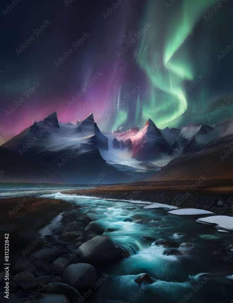 Northern Lights shining in the night sky with snowy mountains and a river in the bottom ground