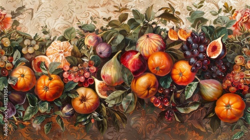 Exotic Fruits Abundance in Ornate Botanical Wallpaper Design of Lush and Opulent Ambiance