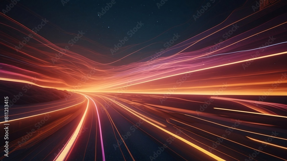 3D futuristic render of neon waves in dark purple, red and golden tones. Wallpaper header for business technology presentation concept. 3D futuristic render of neon waves in dark purple, red and golden tones. Wallpaper header for business technology presentation concept.