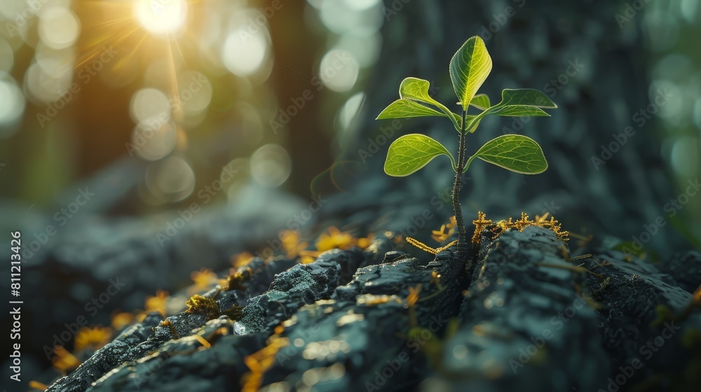 Cinematic macro view of a tree rebirth, focusing on the fresh green shoots sprouting from an old trunk, capturing the drama of natural persistence Cinematic macro view of a tree rebirth, focusing on the fresh green shoots sprouting from an old trunk, capturing the drama of natural persistence