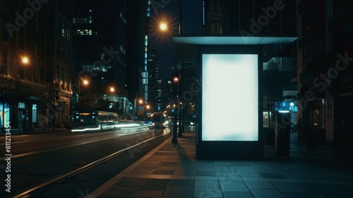 Cinematic night scene of a blank white vertical digital billboard on a city street bus stop, offering a striking contrast against the dark urban backdrop