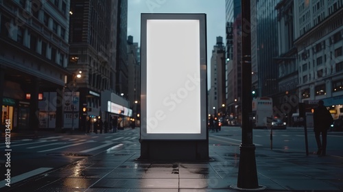 Cinematic view of a vertical blank white billboard, standing tall in an urban setting, poised to catch the eye of passersby