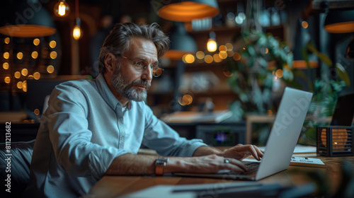 The company chief operating officer is at work, managing processes with a laptop. Generative AI.