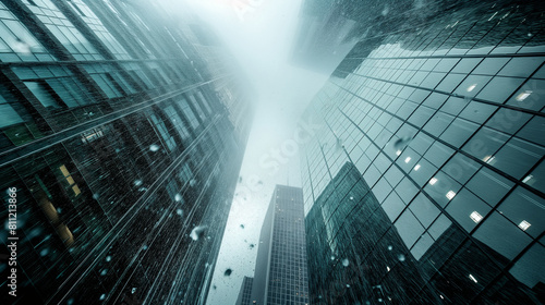 A dramatic shot of rain streaming down a glass skyscraper, with the bustling city streets below obscured by the veil of falling water. Dynamic and dramatic composition, with copy s