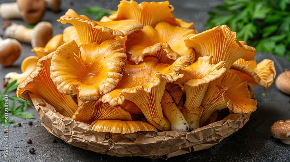 A collection of mushrooms resting atop a table beside a heap of mushrooms on the same table A collection of mushrooms resting atop a table beside a heap of mushrooms on the same table