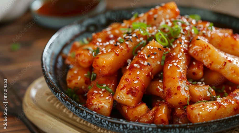 deep fried Korean rice cake (Tteokbokki) with spicy sauce - Korean food style hyper realistic deep fried Korean rice cake (Tteokbokki) with spicy sauce - Korean food style hyper realistic