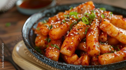 Foto deep fried Korean rice cake (Tteokbokki) with spicy sauce - Korean food style hy
