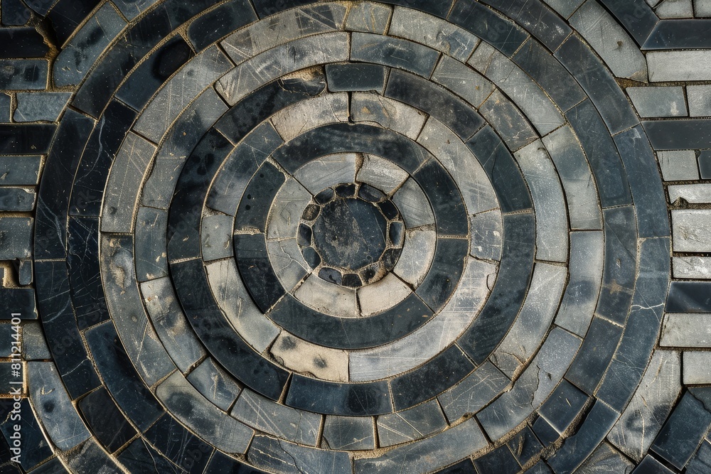 Overhead view of a precise circular stone pattern on the ground, A geometric pattern symbolizing the discipline and focus required in martial arts training Overhead view of a precise circular stone pattern on the ground, A geometric pattern symbolizing the discipline and focus required in martial arts training