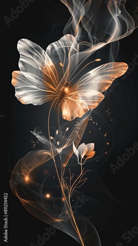 A butterfly is flying over a flower with orange petals