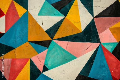 An abstract painting featuring vibrant  colorful shapes with sharp angles displayed on a wall  A geometric pattern with sharp angles and contrasting colors