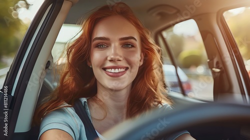Smiling young woman driving in sunset light. Casual style, happy driver on a road trip. Modern lifestyle, joyful moment captured in a car. AI photo