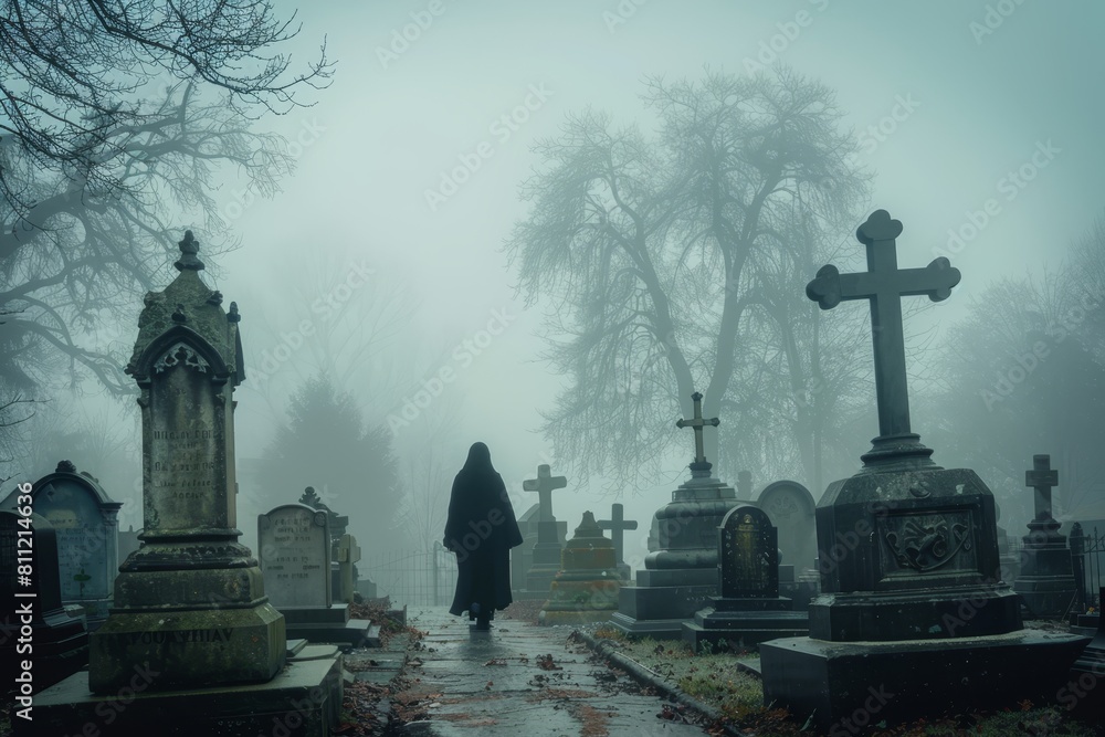 A person is walking through a foggy cemetery, A ghostly figure wandering through a misty cemetery A person is walking through a foggy cemetery, A ghostly figure wandering through a misty cemetery