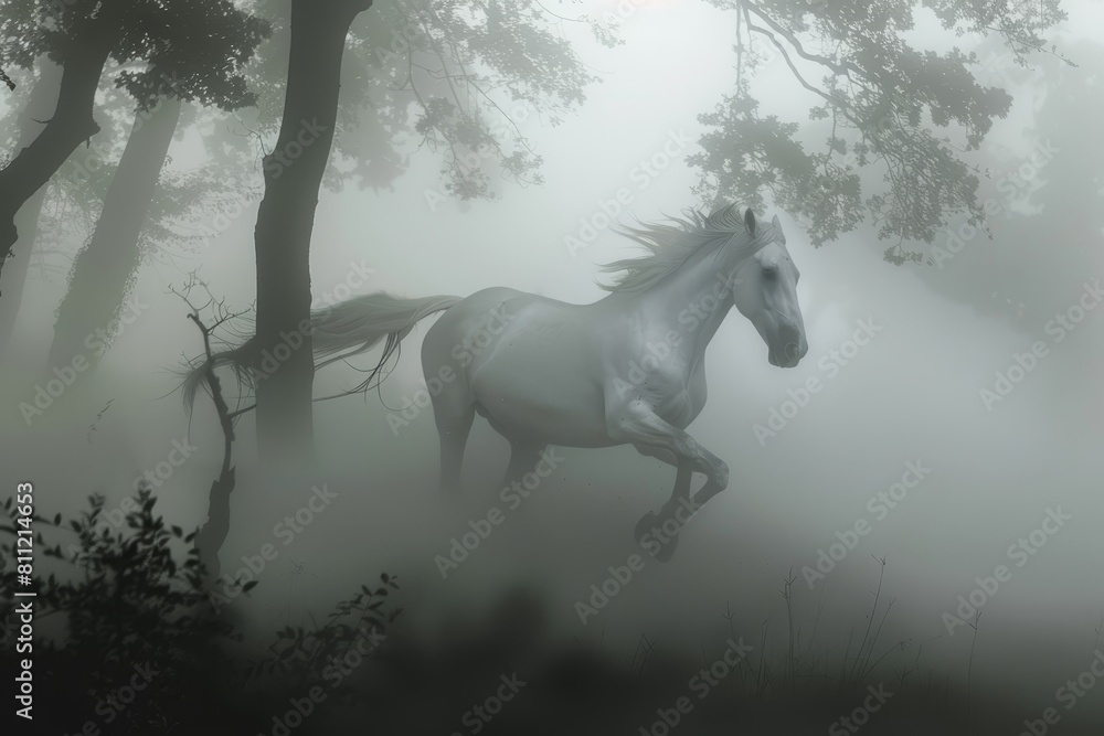 A white horse running through a foggy forest, A ghostly horse galloping through a foggy forest, its hooves barely touching the ground